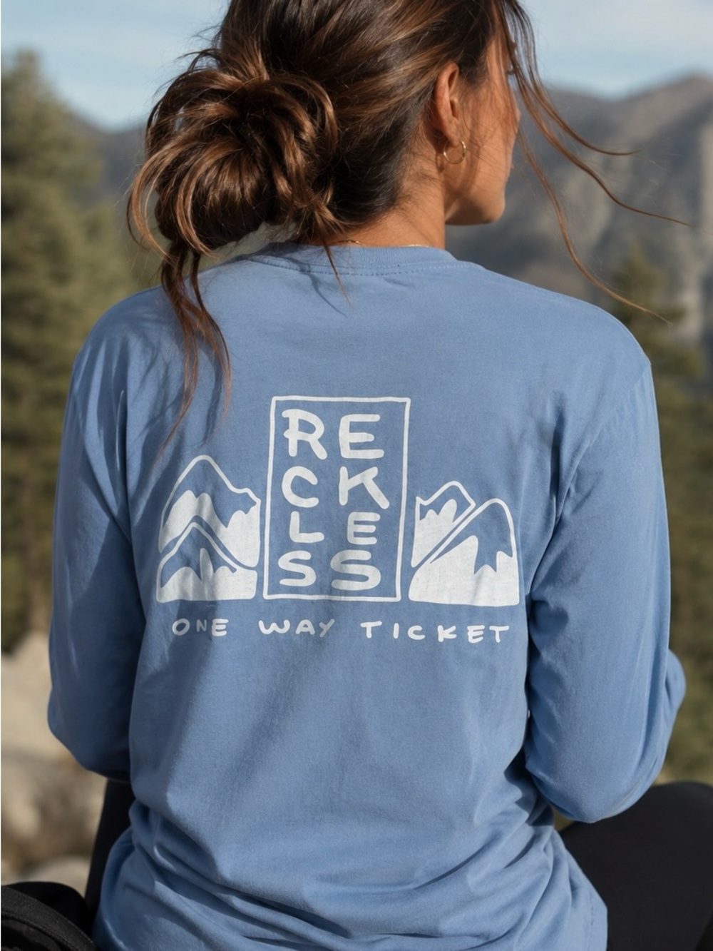 Notice The Reckless Periwinkle Blue Graphic Long Sleeve Shirt One Way Ticket - Picture 11 of 12